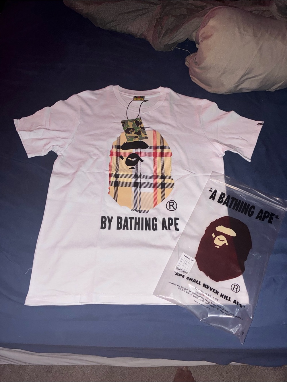 Bape White Tee with Yellow Plaid Ape Graphic